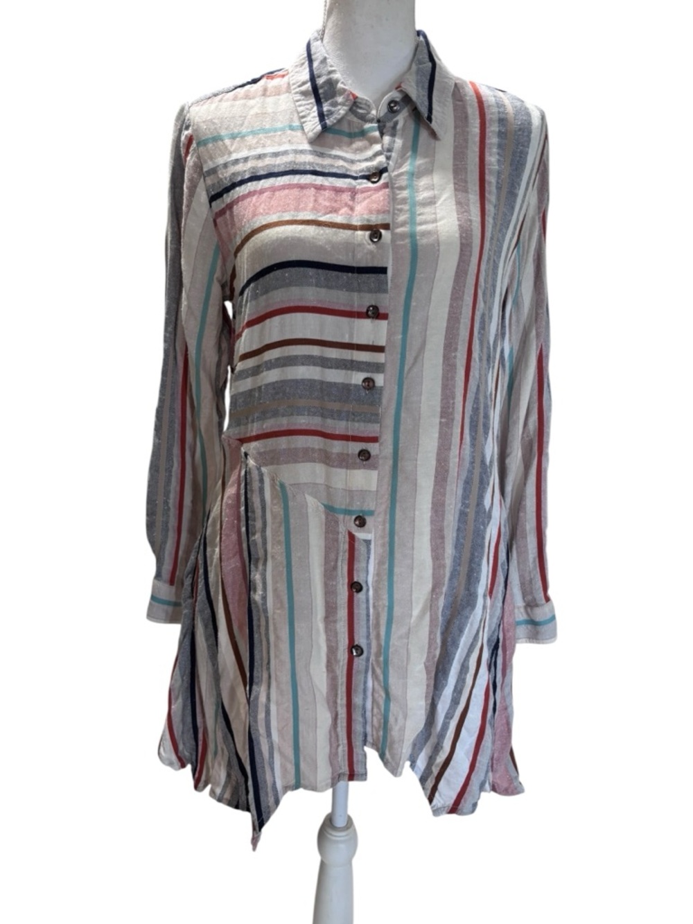 Paper Lace Striped Button Down Tunic Top Small Lightweight Boho Blouse